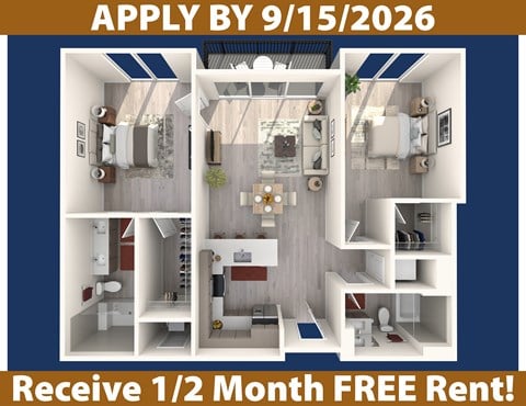 Floor plan for 2 beds, 2 baths, 1102 sqft